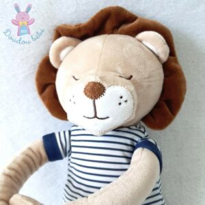 Doudou Lion beige marron combinaison rayé bleu marine blanc OBAIBI