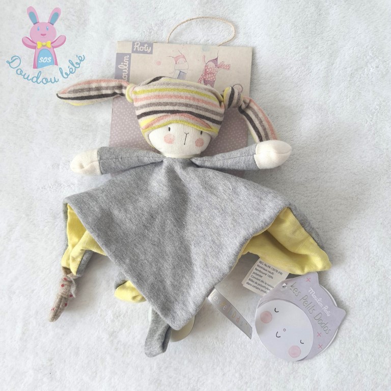 Doudou plat Nin-Nin gris jaune Les Petits dodos MOULIN ROTY