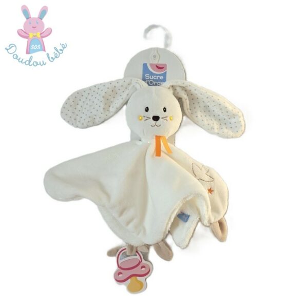 Doudou plat Lapin blanc beige pois étoiles SUCRE D'ORGE