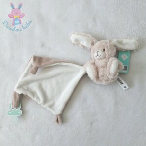 Doudou Lapin beige clair et blanc mouchoir attache tétine TEX