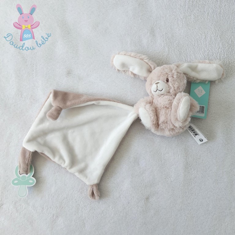 Doudou Lapin beige clair et blanc mouchoir attache tétine TEX