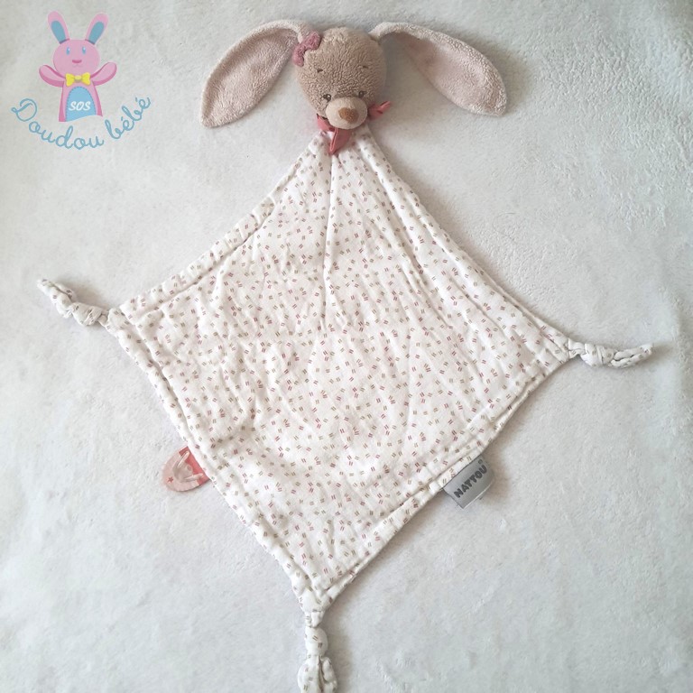 Doudou plat Lapin lange blanc rose beige Sasha et Pauline NATTOU