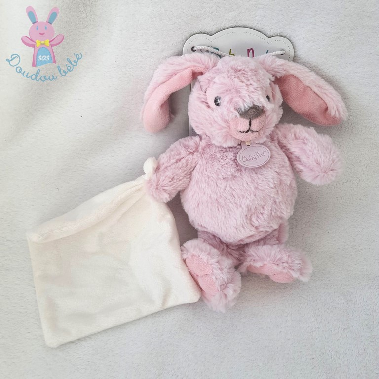 Doudou Lapin rose mouchoir blanc Guimauve BABY NAT