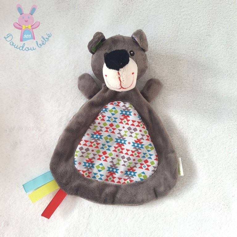 Doudou plat Loup gris blanc coloré VERTBAUDET