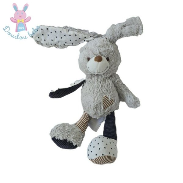 Doudou Lapin gris bleu rayé étoiles cœur TAPE A L'OEIL TAO