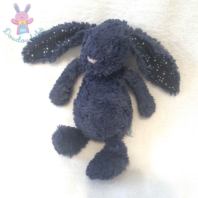 Doudou Lapin fourrure bleu marine étoiles argent JELLYCAT