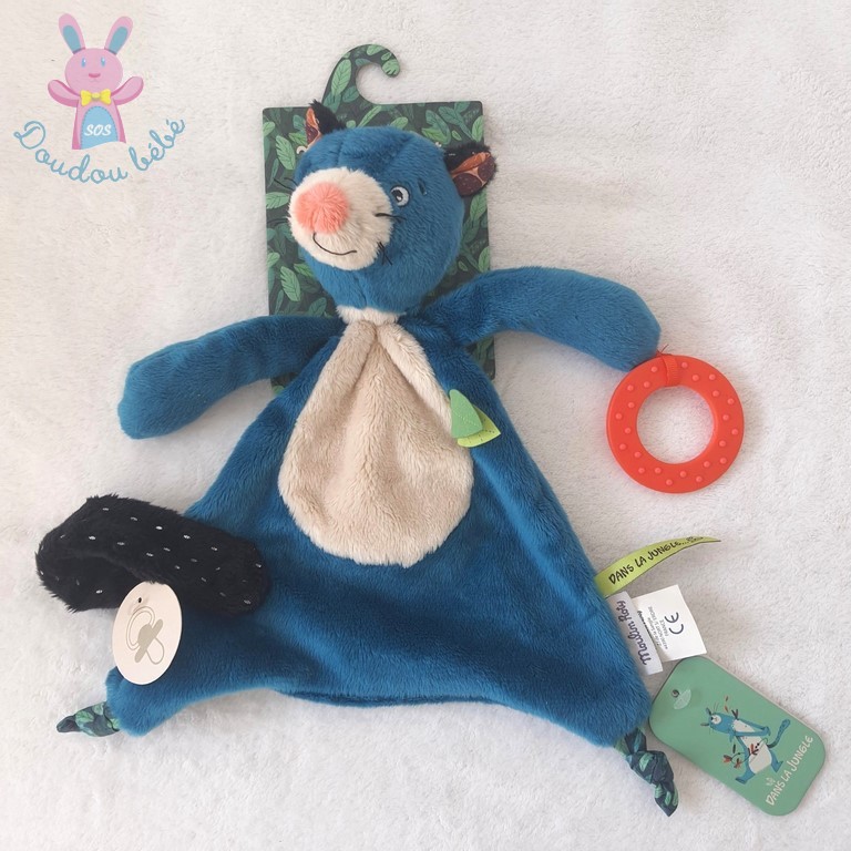 Doudou plat Panthère bleu blanc "Dans la jungle" MOULIN ROTY