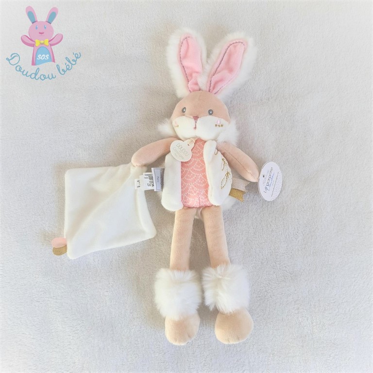 Doudou Lapin de sucre beige rose blanc avec mouchoir DOUDOU ET COMPAGNIE