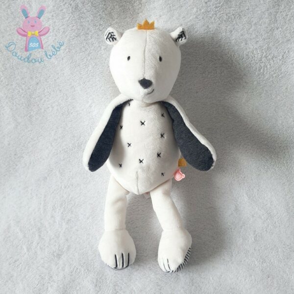 Doudou Ours Sam blanc gris croix 28 cm NOUKIE'S