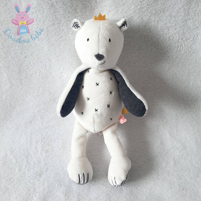 Doudou Ours Sam blanc gris croix 28 cm NOUKIE'S