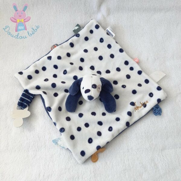 Doudou plat Chien Aston & Jack blanc bleu pois NOUKIE'S