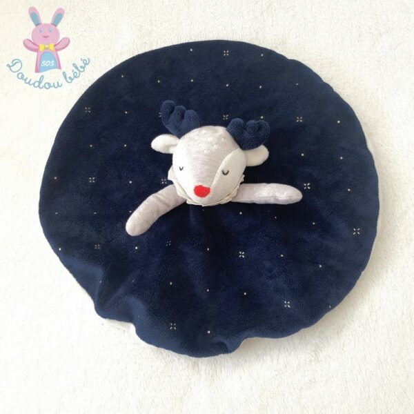 Doudou plat Renne Elan rond bleu marine blanc gris OBAIBI