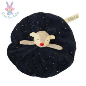Doudou plat Renne Cerf rond bleu marine blanc gris OBAIBI