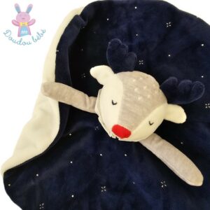 Doudou plat Renne Cerf rond bleu marine blanc gris OBAIBI