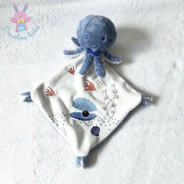 Doudou Pieuvre Poulpe bleu blanc mouchoir TEX BABY