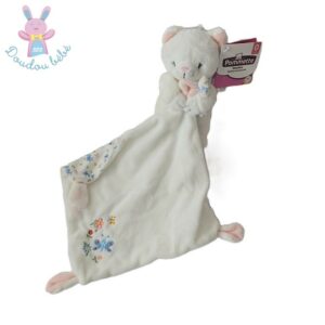 Doudou Chat blanc rose fleurs avec mouchoir POMMETTE