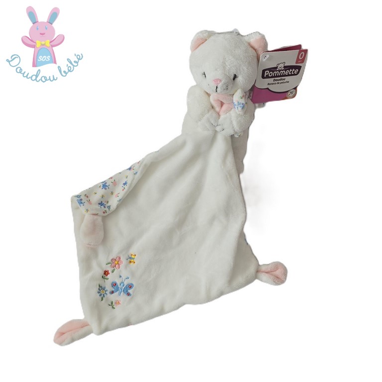 Doudou Chat blanc rose fleurs avec mouchoir POMMETTE