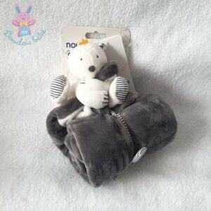 Doudou Ours Sam couronne blanc gris rayé couverture NOUKIE’S