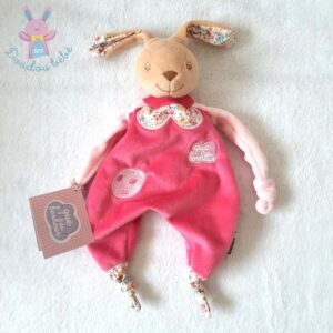 Doudou plat Lapin rose beige fleurs coccinelle QUE DU BONHEUR