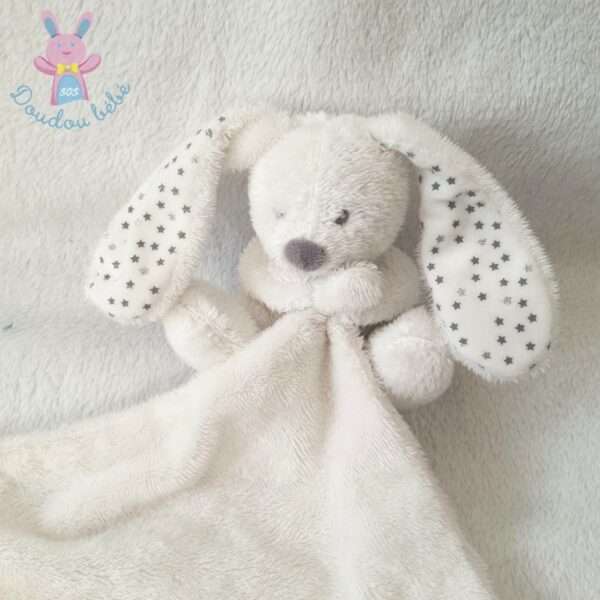 Doudou Lapin blanc gris étoiles mouchoir blanc VERTBAUDET