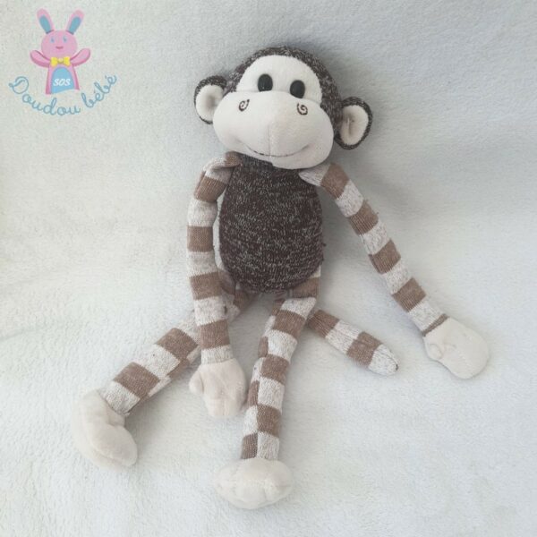 Doudou peluche Singe marron blanc rayé tricot mailles SMALI