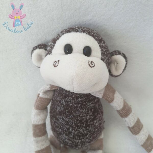 Doudou peluche Singe marron blanc rayé tricot mailles SMALI