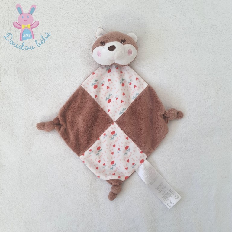 Doudou plat Renard marron blanc fleurs TOM & KIDDY