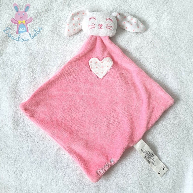 Doudou plat Lapin rose blanc Ninou cœur Tape à l'Œil TAO