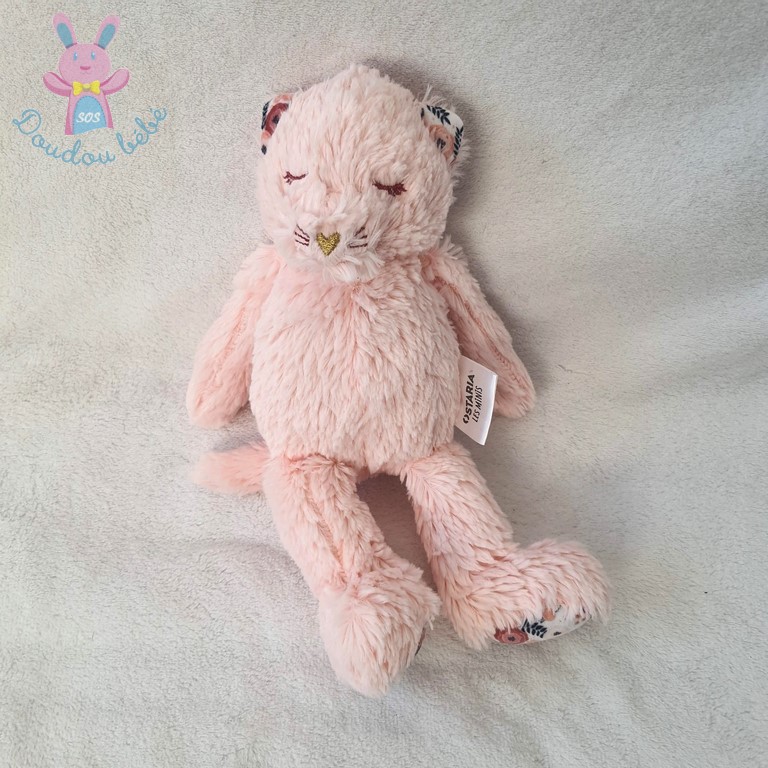 Doudou Chat fourrure rose fleurs nez doré OSTARIA LES MINIS