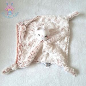 Doudou plat Lapin fourrure rose blanc dessous tissu fleurs DOMIVA