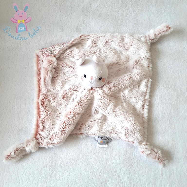 Doudou plat Chat fourrure rose blanc dessous tissu fleurs DOMIVA