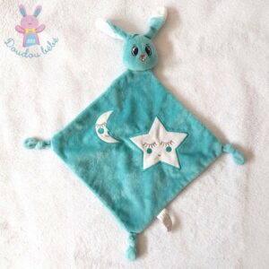 Doudou plat Lapin bleu blanc étoile lune AUCHAN