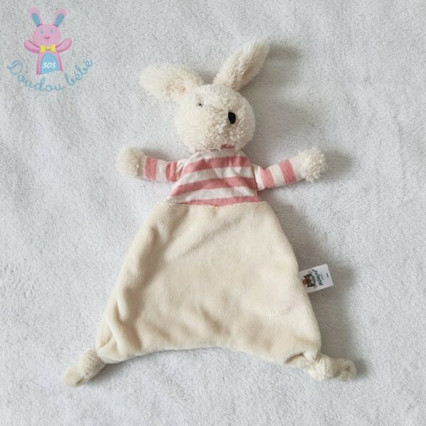 Doudou plat Lapin beige écru rayé rose JELLYCAT