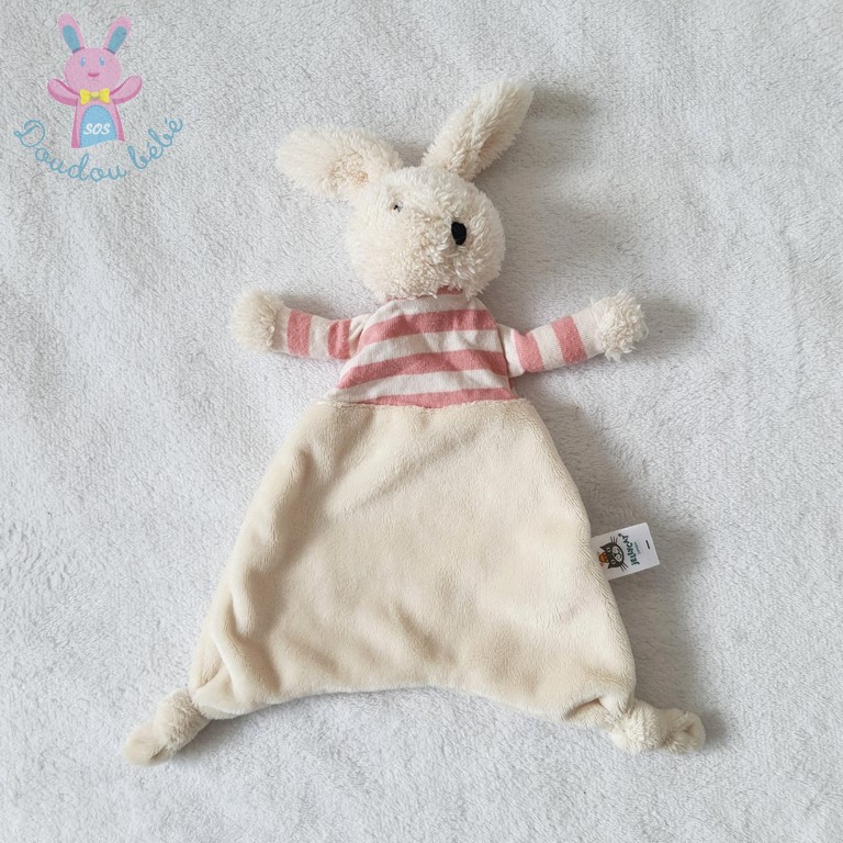 Doudou plat Lapin beige écru rayé rose JELLYCAT