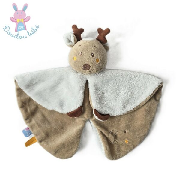 Doudou plat Renne beige blanc marron étoiles SUCRE D'ORGE