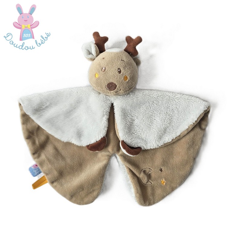 Doudou plat Renne beige blanc marron étoiles SUCRE D'ORGE