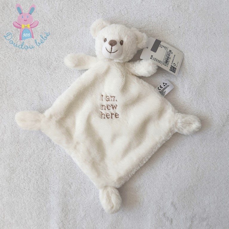 Doudou plat Ours blanc marron "I am new here" NICOTOY C&A