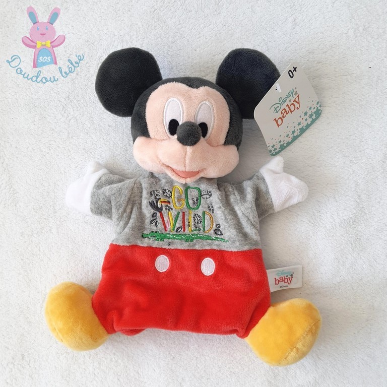 Doudou marionnette Mickey gris rouge "Go wild" DISNEY
