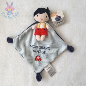 Doudou Garçon cape “mon grand voyage” rayé bleu MOTS D’ENFANTS