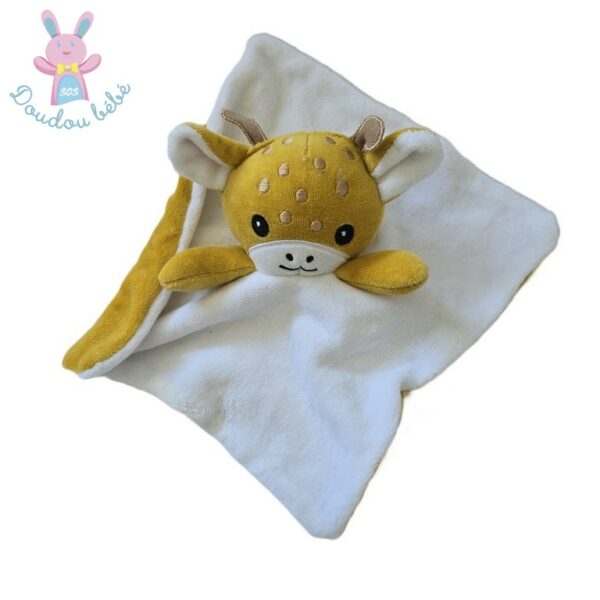 Doudou plat Girafe blanc jaune moutarde SIPLEC LECLERC