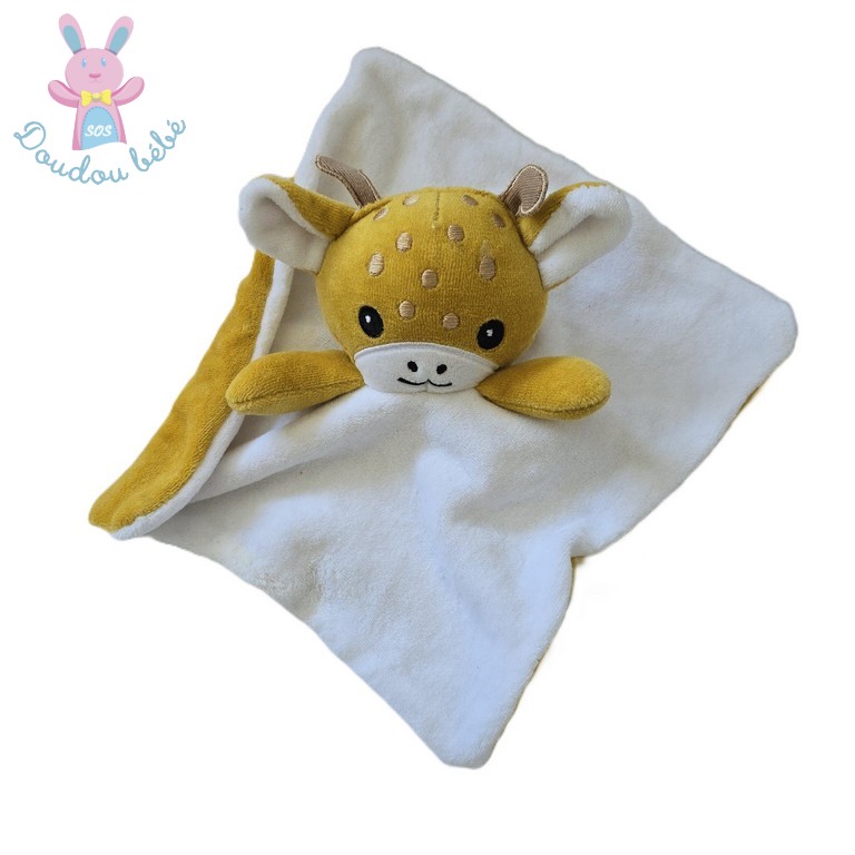Doudou plat Girafe blanc jaune moutarde SIPLEC LECLERC