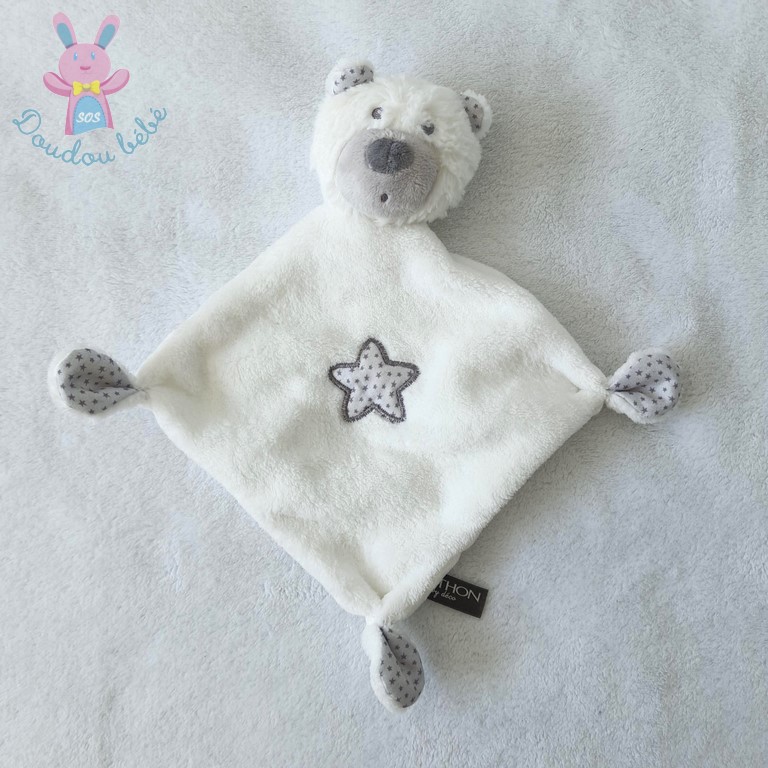 Doudou plat Ours blanc gris étoiles SAUTHON