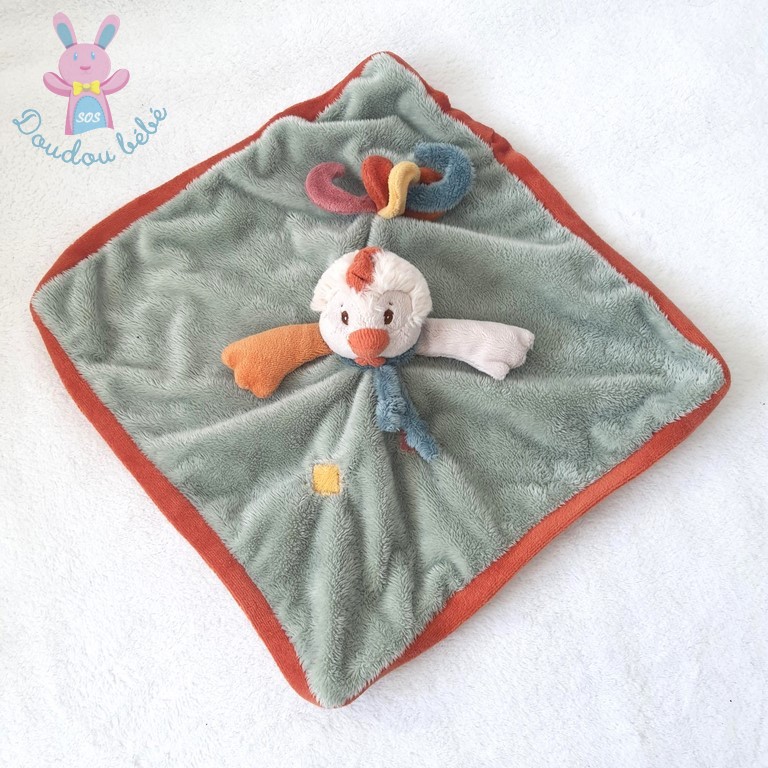 Doudou plat OISEAU POULE polaire vert orange blanc et coloré Dessous écru