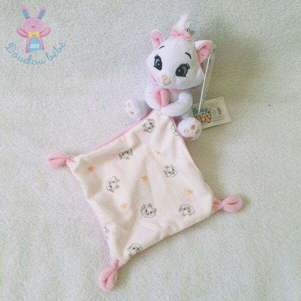 Doudou Chat Marie blanc rose mouchoir têtes et fleurs DISNEY BABY