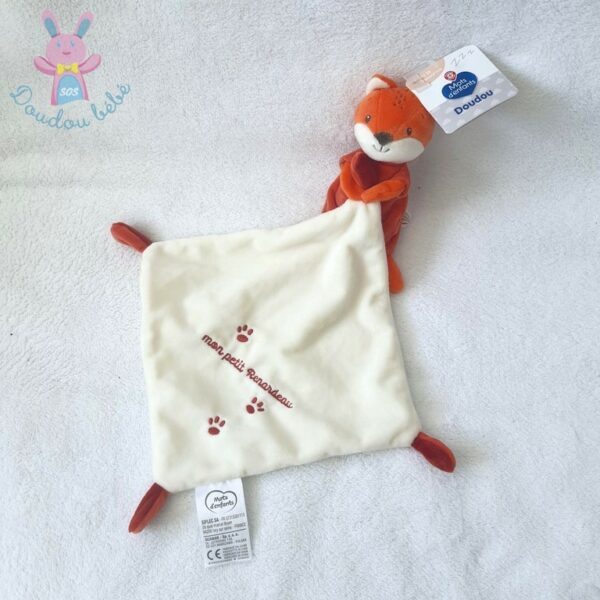 Doudou Renard "Mon petit renardeau blanc orange mouchoir MOTS D'ENFANTS