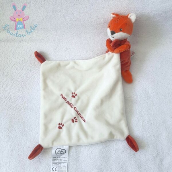 Doudou Renard "Mon petit renardeau blanc orange mouchoir MOTS D'ENFANTS