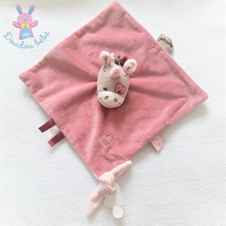 Doudou plat Licorne Jade rose cœur attache tétine NATTOU