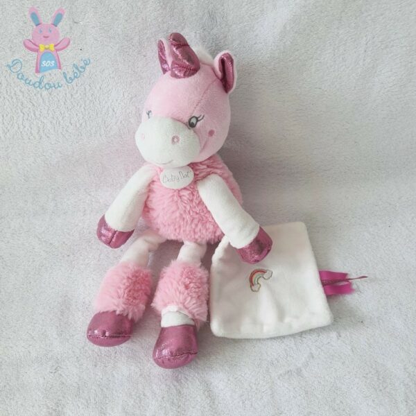 Doudou Licorne blanc rose brillant mouchoir arc en ciel BABY NAT