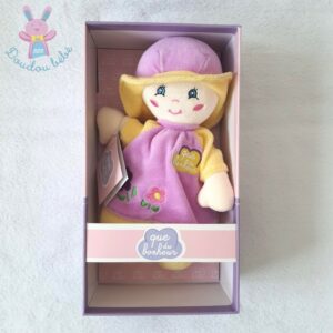 Doudou Poupée Choupette chiffon parme jaune chapeau QUE DU BONHEUR