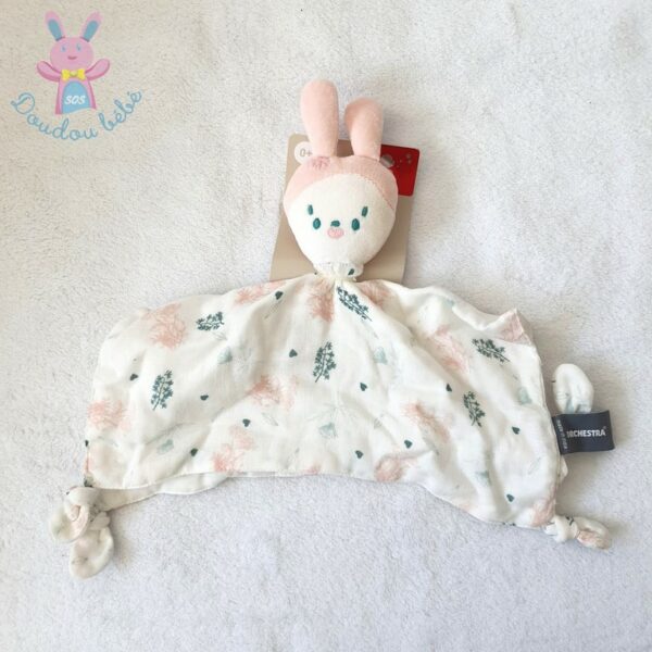 Doudou plat Lapin lange blanc rose vert feuilles fleurs ORCHESTRA